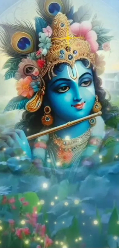 Vibrant artwork of blue Krishna with a flute and peacock feathers.