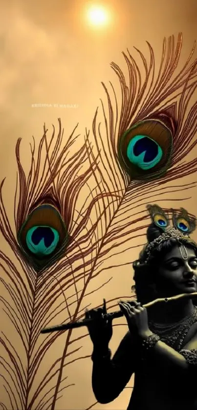 Krishna playing flute in golden hues with peacock feathers.