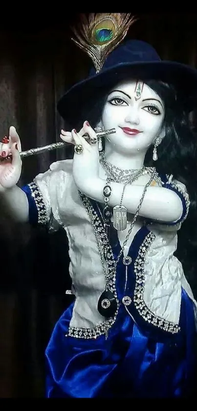 Krishna playing flute in elegant attire with vibrant colors.