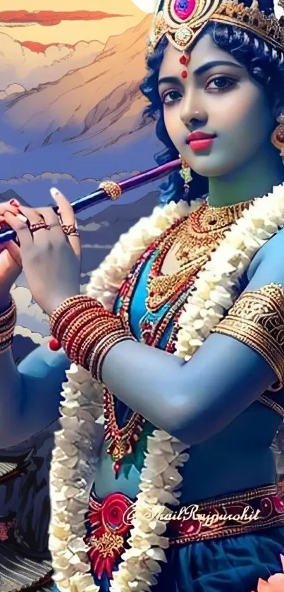 Krishna playing flute in vibrant hues.