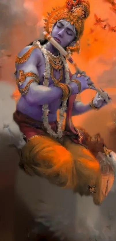 Krishna playing flute with orange and purple hues.