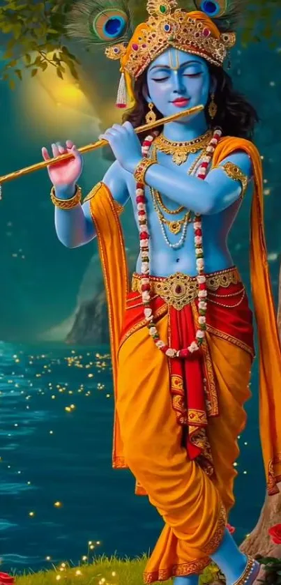 Lord Krishna playing flute near a serene lake.