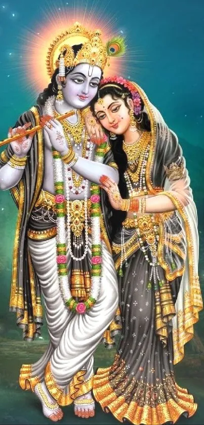 Krishna and Radha in a colorful, divine art wallpaper for mobile.