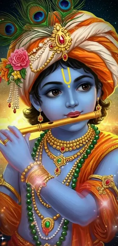 Artistic depiction of Krishna with flute, vibrant and divine.