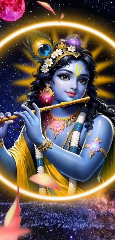 Krishna playing flute, surrounded by celestial colors.