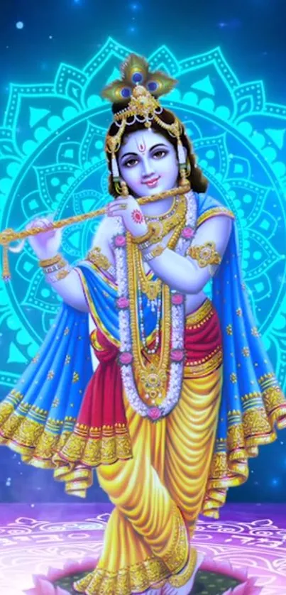 Colorful depiction of Krishna playing flute with celestial background