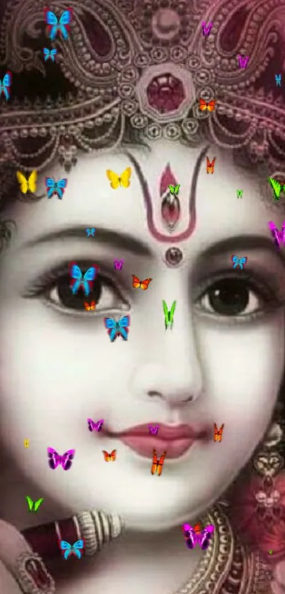 Divine Krishna with colorful butterflies in a pink-themed wallpaper.