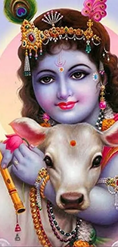 Vibrant art of Lord Krishna with a calf in a serene background.