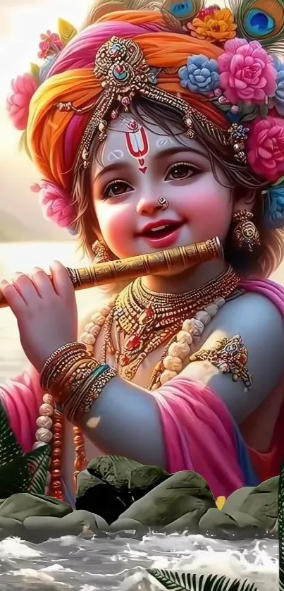 Charming baby Krishna art with vibrant colors and floral decorations.