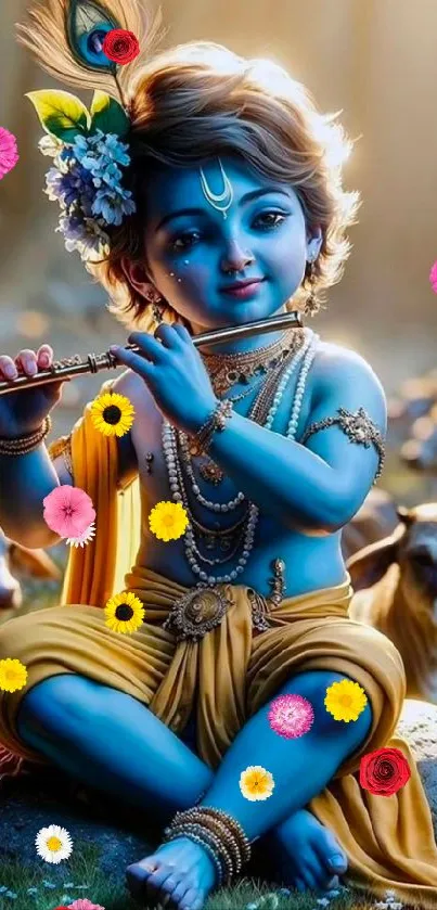 Krishna playing flute amid flowers and warm glow.