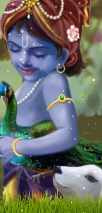 Divine Krishna holding a peacock in a serene, artistic wallpaper.