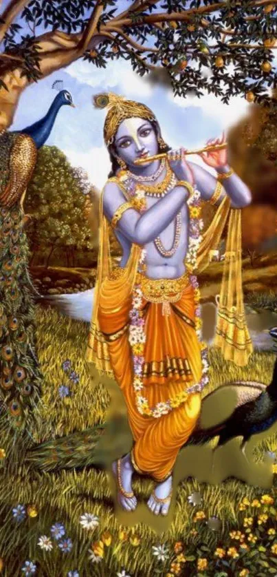 Vibrant image of Lord Krishna playing flute with peacocks and nature scenery.