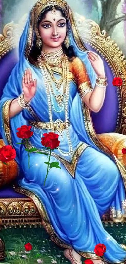 Divine lady in blue sari with roses seated on an ornate throne.