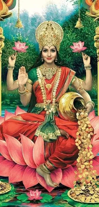 Goddess Lakshmi seated on a lotus, surrounded by water and golden features.