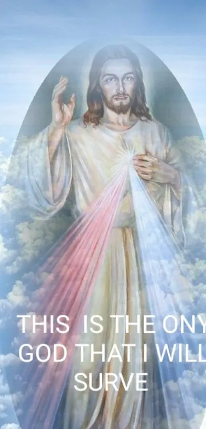 Jesus with divine light surrounded by clouds.