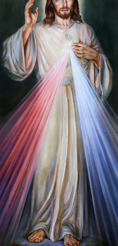 Divine religious figure with colorful light rays in spiritual artwork.