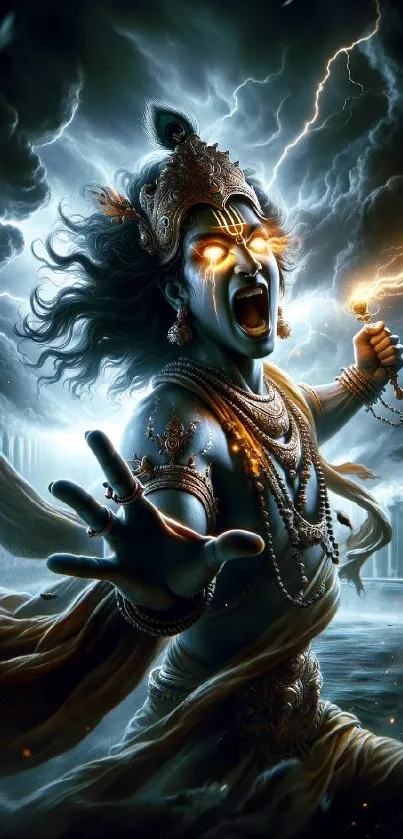 Electrifying deity with glowing eyes and lightning, in dramatic dark tones.