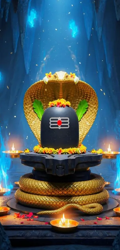 Divine lingam surrounded by golden serpent and lit lamps in a mystical cave setting.