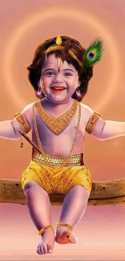 Adorable depiction of Lord Krishna in vibrant golden hues for mobile wallpaper.