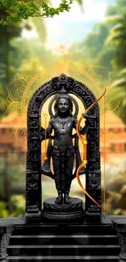 Lord Rama statue with temple backdrop and nature scenery.