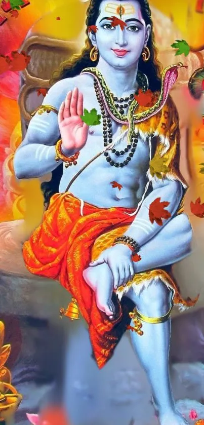 Illustration of Lord Shiva with orange hue and autumn leaves.