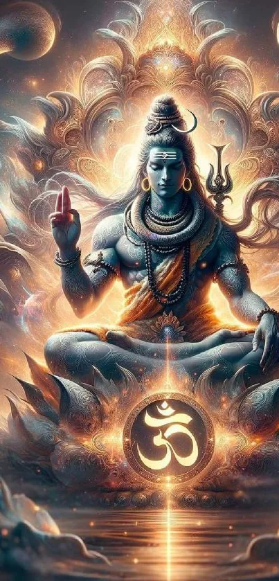 Mobile wallpaper of Lord Shiva with glowing elements in divine meditation.