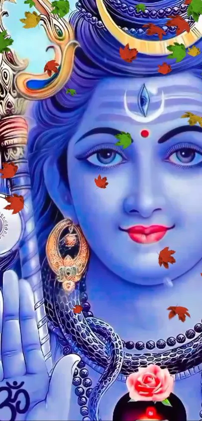 Illustrated Lord Shiva with vibrant blue tones and symbolic elements.