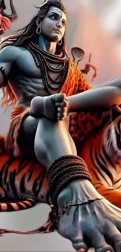 Vibrant Lord Shiva in meditation pose with a tiger in background.