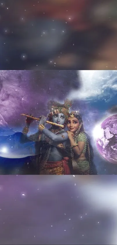 Mobile wallpaper with divine cosmic theme and spiritual figures.