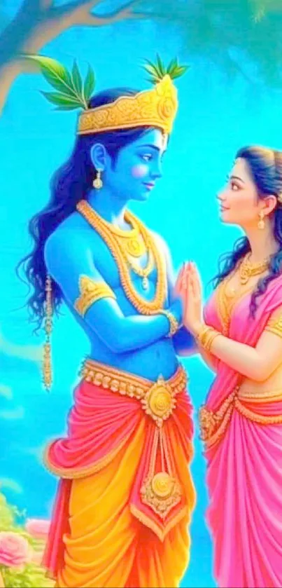 Divine couple in vibrant attire against a blue background.