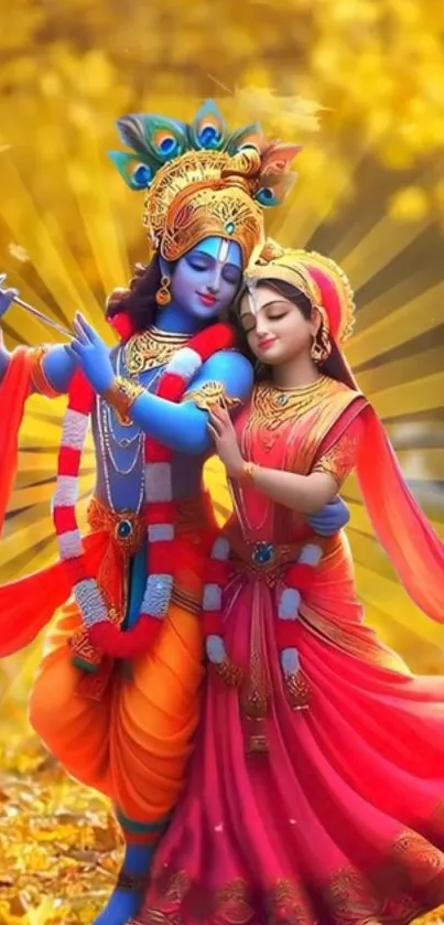 Radha Krishna in vibrant traditional attire with golden background.