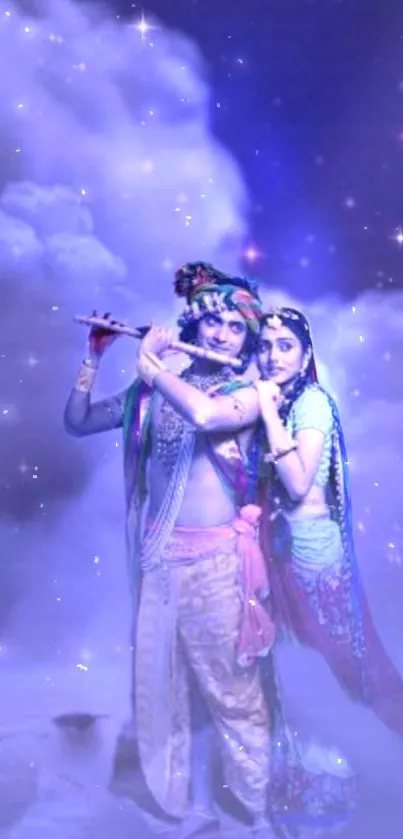 Krishna and Radha in a mystical purple sky wallpaper.