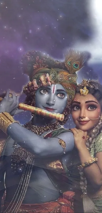 Beautiful mobile wallpaper of Krishna and Radha in divine love.