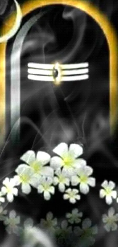 Divine mobile wallpaper featuring Lord Shiva's lingam with celestial floral designs.