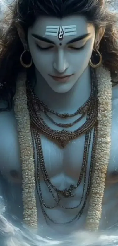 Divine figure meditating amidst ocean scene.