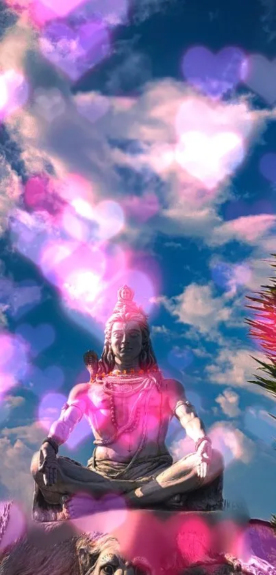 Meditative statue with pink heart bokeh under a serene blue sky.