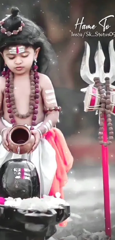 Divine child in meditation beside trident.