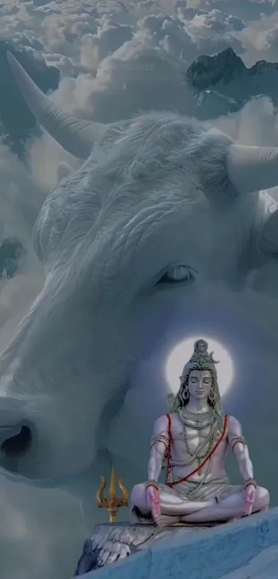 Meditating deity with clouds and a bull.