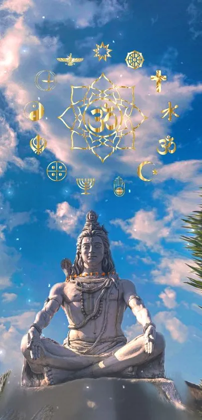 Statue under blue sky with celestial symbols, evoking meditation.