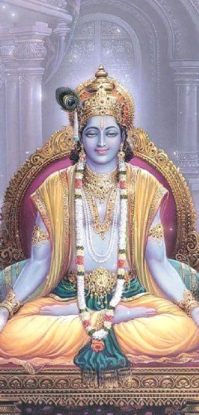 Divine deity in meditation on ornate throne with a serene background.