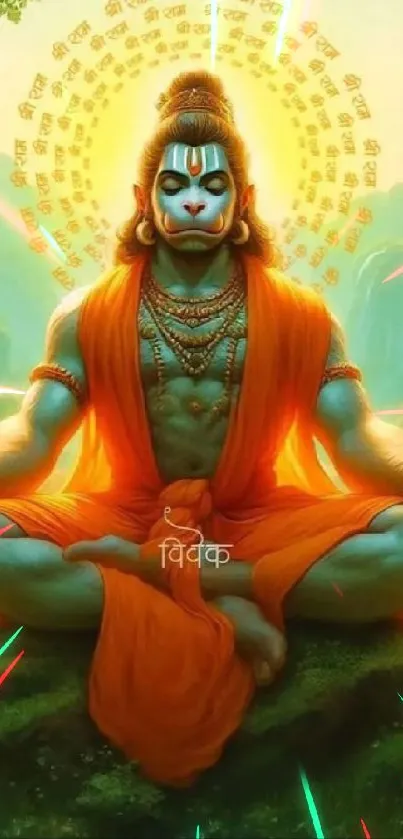 Divine figure meditating surrounded by spiritual symbols on a colorful background.