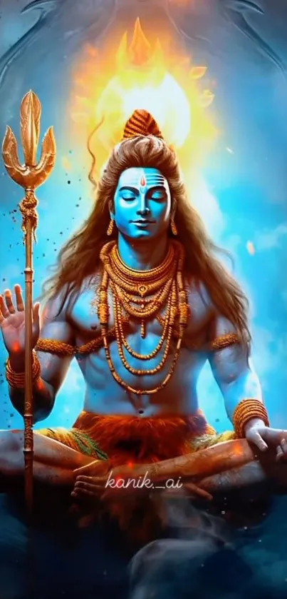 Blue-toned deity in meditation with spiritual aura.