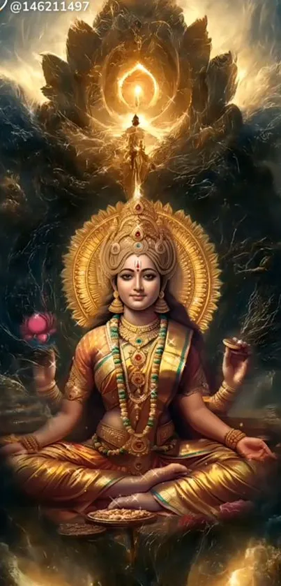 Spiritual deity sitting in meditation with golden aura.