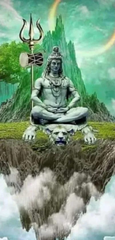 Shiva in meditation on a mystical island with vibrant green scenery.