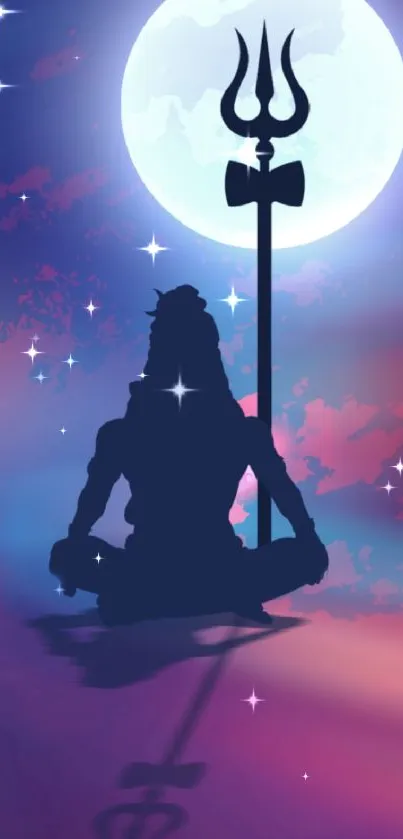 Serene silhouette meditation under a moonlit sky with trident.