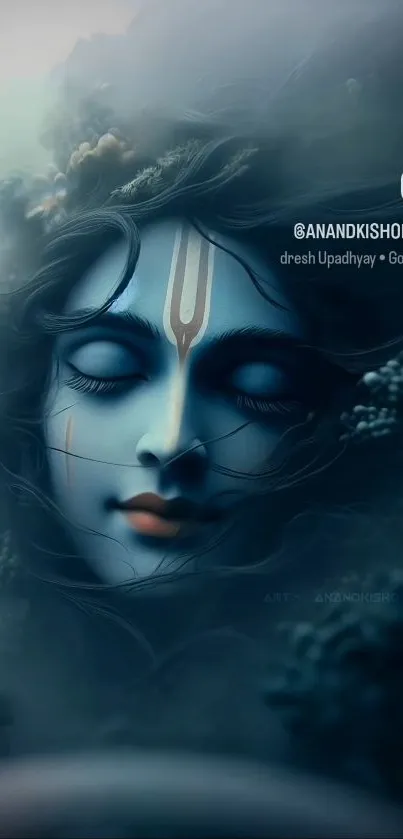 Mobile wallpaper with serene divine face in calming deep blue tones.