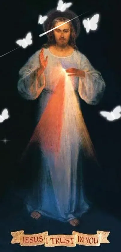 Divine Mercy Jesus with radiant light and butterflies, inspirational wallpaper.