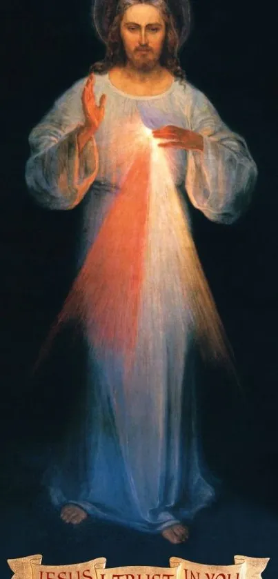 Divine Mercy image showing Jesus with rays of light on a dark blue background.