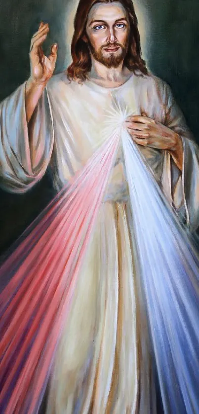 Divine Mercy image with radiant red and blue lights.