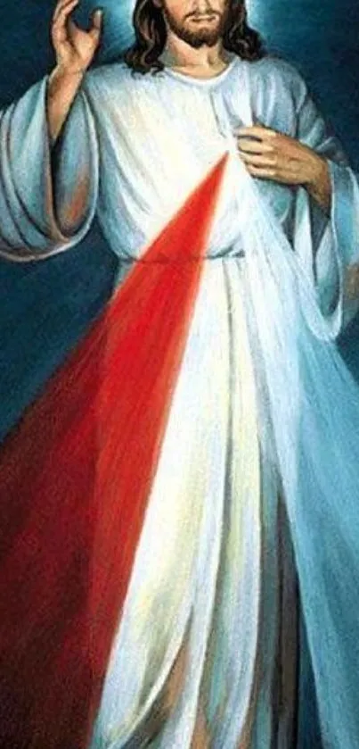 Divine mercy image with blue and red lights.